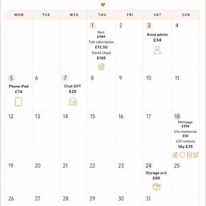May include: A beige monthly bill calendar with the title "Monthly Bills" in elegant script. The calendar includes payment dates, with entries for rent, subscriptions, and other expenses. Icons and text are in a simple, readable font.