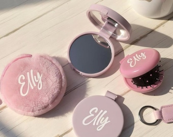 Personalised Pink Hairbrush, Compact Mirror, Purse, Lipstick Holder, Sleepover Club Kit, Stocking Filler, Party Favours, Girls Birthday Gift