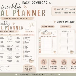 Puede incluir: Un planificador de comidas semanal digital en tonos neutros. Incluye secciones para la planificación de comidas y una lista de compras. El texto incluye "Weekly Meal Planner" y "Plan it. Prep it. Enjoy it."