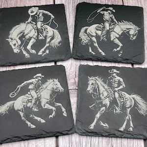 Engraved Slate Coasters: Cowboy Horseback Riding, Rodeo Theme - Set of 4