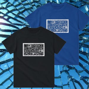 May include: Two short-sleeved t-shirts, one black and one blue, each featuring a rectangular graphic with the text "EMBRACE RITES OF SPRING BEEFEATER DAG NASTY". The graphic is in white, with a vintage aesthetic.