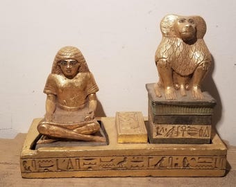 Estatua antigua de 3 piezas de sacerdote mágico y mono amarillo demoníaco, extremadamente embrujada. Actividad paranormal, concede deseos, cura y atrae la riqueza.