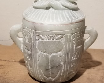 Haunted Ancient  Alabaster Scarab Jar - Paranormal Vessel with Sacred Beetle Lid