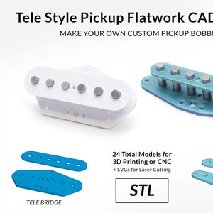 May include: A set of 24 3D printable CAD models for making custom Telecaster style guitar pickup bobbins. The models are available in STL format and include SVGs for laser cutting. The image shows a white and a blue bobbin, as well as two sets of bobbins for the bridge and neck positions.