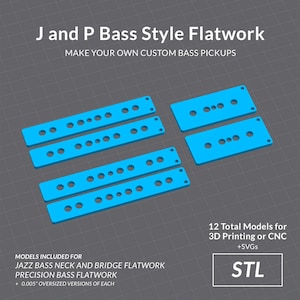 Könnte beinhalten: Zwölf 3D-druckbare Modelle für Jazz- und Precision-Bass-Tonabnehmer. Die Modelle sind blau und beinhalten Hals- und Stegplatten für beide Bass-Stile. STL-Dateien sind enthalten.