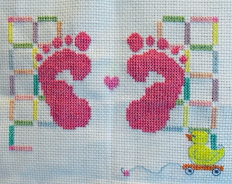 Personalized Baby Feet Cross Stitch Birth Announcement, Pink Frame