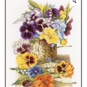 Lanarte Pot Of Pansies Counted Cross Stitch (PN-0154464) Finished/Completed and Framed.
