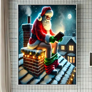 Santa on Toilet, Christmas Bathroom Art, Funny Bathroom Wall Decor, Instant Download, Santa in Bathroom Print, Santa Paints, Pooping Print