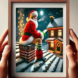 Santa on Toilet, Santa in Bathroom Print, Funny Santa Poster, Christmas Bathroom Art, Santa Paints, Reading Funny Christmas Gift Print