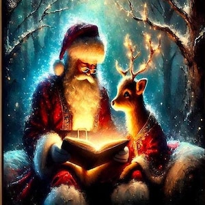 Santa and Baby Reindeer Sleigh Reading Book, Christmas Winter Print, Santa Canvas, Santa Painting, Cottagecore Decor, Christmas Wall Art