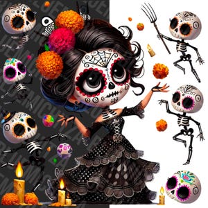Gothic Doll PNG, mexican doll png, dia de los muertos png, day of the dead clipart, dancing skeletons, cute creepy doll png, baby gothic dol image 3