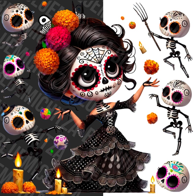 Gothic Doll PNG, mexican doll png, dia de los muertos png, day of the dead clipart, dancing skeletons, cute creepy doll png, baby gothic dol image 3