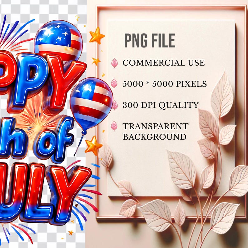 May include: Happy 4th of July graphic with red, white, and blue balloons and fireworks. The text is in a 3D style with a glossy finish.