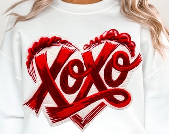 PNG de gancho de pestillo para San Valentín, Corazón rojo de punto XOXO, PNG de hilo para San Valentín, Diseño de camiseta de ganchillo para San Valentín