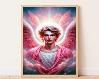 Archangel Chamuel Floral Roses Pink Digital Wall Art, Instant