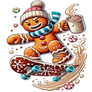 Skateboarding Lebkuchenmann mit Heißer Schokolade, Winterkleidung Cartoon PNG, Weihnachtsdesigns PNG, Süßer Weihnachtscharakter PNG, dtf, dtg