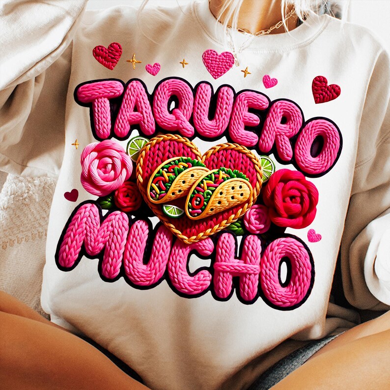 Puede incluir: Sudadera blanca con la frase "TAQUERO MUCHO" en rosa, con un dise&ntilde;o en forma de coraz&oacute;n con tacos, rosas y corazones. Incluye rodajas de lima y detalles dorados.