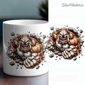 Bulldog 3D che rompe il muro, design cane aggressivo, involucro 3D per caffè e tè, tazza regalo con png a sublimazione per lui, disegni con png a sublimazione, cane arrabbiato