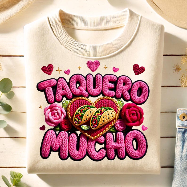 Puede incluir: Sudadera color crema con un dise&ntilde;o de punto rosa. El dise&ntilde;o presenta las palabras "TAQUERO MUCHO" en letras grandes de punto rosa, junto con corazones rosas, rosas y tacos. Los tacos est&aacute;n dentro de un dise&ntilde;o en forma de coraz&oacute;n.