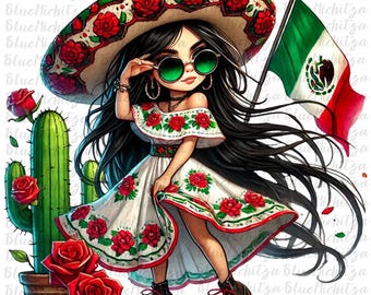 Puede incluir: Una ilustración de dibujos animados de una niña que lleva un vestido blanco con bordados florales rojos y verdes, un gran sombrero, gafas de sol y botas negras. Ella sostiene una bandera mexicana. El fondo incluye un cactus y rosas rojas.