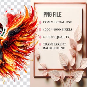 May include: A fiery red, orange, and yellow eagle with its wings spread wide. The eagle is set against a transparent background. The image is labeled "PNG FILE", "COMMERCIAL USE", "4000 * 4000 PIXELS", "300 DPI QUALITY", and "TRANSPARENT BACKGROUND".
