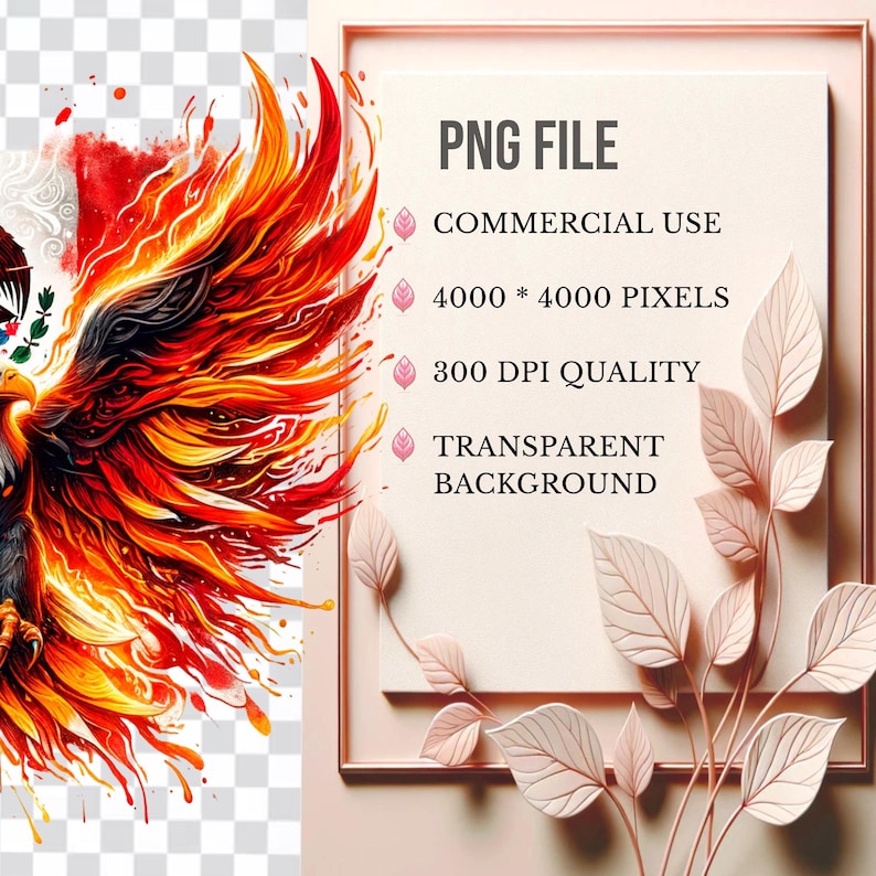 May include: A fiery red, orange, and yellow eagle with its wings spread wide. The eagle is set against a transparent background. The image is labeled "PNG FILE", "COMMERCIAL USE", "4000 * 4000 PIXELS", "300 DPI QUALITY", and "TRANSPARENT BACKGROUND".