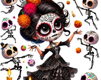 Gothic Dancing Doll PNG, Elegant Creepy Girl png, Dancing Skeletons PNG Floral Creepy Girl png Elegant Skull Girl PNG, Halloween Designs png