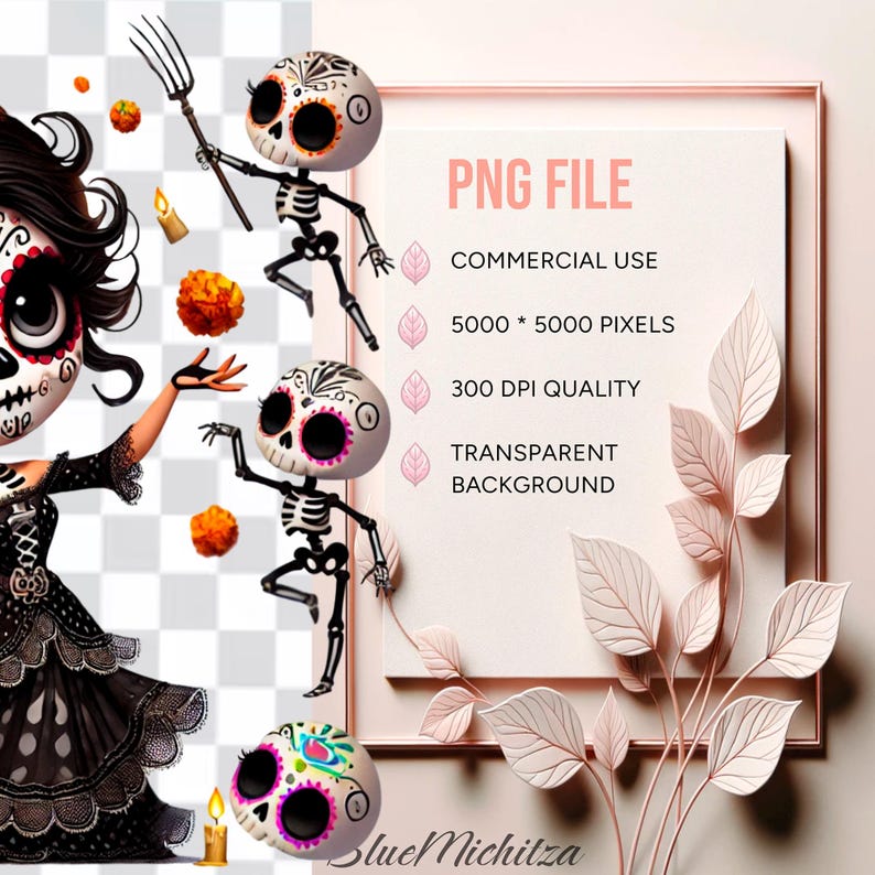 Gothic Doll PNG, mexican doll png, dia de los muertos png, day of the dead clipart, dancing skeletons, cute creepy doll png, baby gothic dol image 4