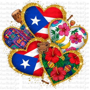 Puerto Rico Gold Glitter hearts png sublimation design download Popular Puerto Rico flag Puerto Rico State Puerto Rico coqui frog sublimate