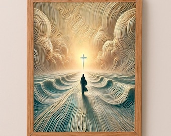 Jesus walks on water Wall Art, Christian Art, Digital Jesus Portrait, Bible Verse Wall Art, Crucifixion Art, towards cross printable art