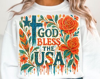 Dios bendiga a EE. UU., PNG dorado, PNG retro del 4 de julio, Diseño patriótico de sublimación goteante, PNG estadounidense, Digital instantáneo, Floral