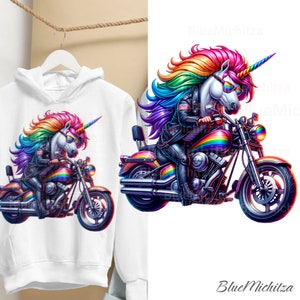Motard licorne, PNG pour sublimation, DTG, pour t-shirts, tasses, pour transfert, moto, arc-en-ciel, balade à vélo, veste licorne, cool licorne DTF