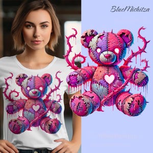 Girly Creepy Cute Teddy Bear PNG - Gothic, Fantasy, and Horror Digital for Girls, bear for t-shirts, for sublimation, dtf, dtg pink bear png