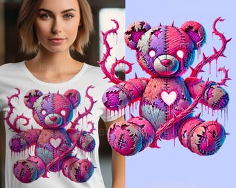Girly Creepy Cute Teddy Bear PNG - Gothic, Fantasy, and Horror Digital for Girls, bear for t-shirts, for sublimation, dtf, dtg pink bear png