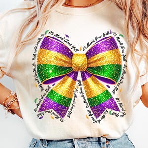 Laço de Mardi Gras para sublimação PNG, camisa de Mardi Gras com laço coquete, camisa do festival de Louisiana com miçangas de Mardi, camisa de laço brilhante para carnaval de Nova Orleans