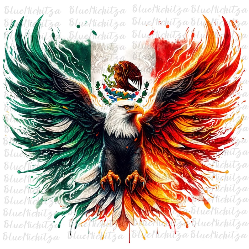 May include: A bald eagle with its wings spread wide, painted in the colors of the Mexican flag. The eagle's wings are green, white, and red, with flames coming from the red wing. The eagle is holding a snake in its talons. The Mexican coat of arms is visible in the center of the eagle's chest.