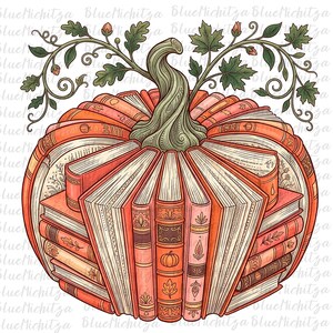 May include: A pumpkin-shaped arrangement of stacked books with orange, red, and cream covers. The books are fanned out to form the pumpkin body, topped with a green, textured stem and leafy vines with small buds extending from the top.