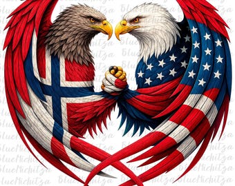Norwegian American Heritage PNG, Norway USA Friendship Eagles, Patriotic Digital Download, Scandinavian American Sublimation Design