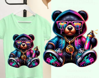Urban Neon Hip Hop Rapper Teddy Bear, StreetWear Teddy, graffiti teddy bear, cool teddy, colorful bear PNG, Vibrant Designs for sublimation