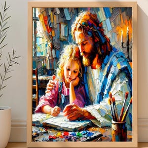 Op de afbeelding: Een schilderij van een man met een baard en lang haar, die een blauwe robe draagt, zittend met een jong meisje. De man houdt een boek vast en het meisje kijkt naar het boek. Het schilderij is gemaakt in een kleurrijke stijl met dikke penseelstreken.