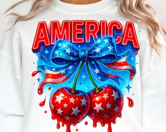 America Cherries Glitter Colorful Neon PNG, Cherry Bow Png, Trendy July 4th PNG, 4th of july Woman png, Usa Flag png Patriotic png Coquette