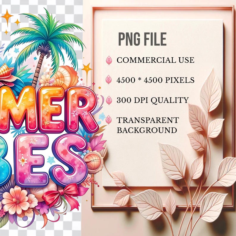 Op de afbeelding: Een kleurrijke digitale afbeelding met de woorden "SUMMER VIBES" in bubbelletters, omringd door tropische elementen zoals een palmboom, bloemen en schelpen. De afbeelding bevat ook de tekst "PNG FILE" en "COMMERCIAL USE".