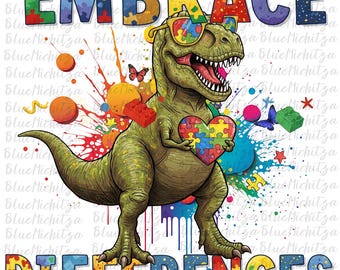 Embrace Differences colorful Puzzle Piece png Autism Dinosaur Png T-rex Autism Png Autism Png for Kids Dino Autism Png Autism Awareness PNG