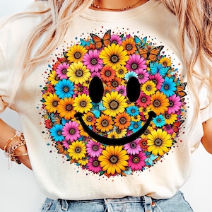 Smile Retro Happy Flowers PNG, smiley face PNG, Vintage Boho PNG, Daisy smile png, floral smile face, Distressed Smile, popular png