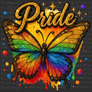 Papillon arc-en-ciel, fierté, LGBTQ+, paillettes d'or, sublimation, téléchargement, LGBTQ+ png, fierté, amour, droits humains, téléchargement de motifs png