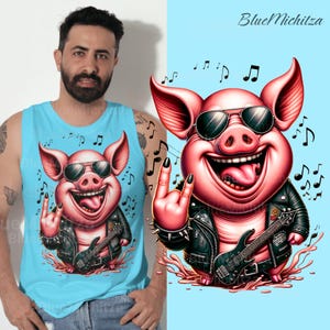 Clipart de cerdo punk rock, caricatura de cerdo de rock and roll, animal rockero y genial, cerdo con guitarra y gafas de sol, animal con chaqueta negra, miembro de la banda