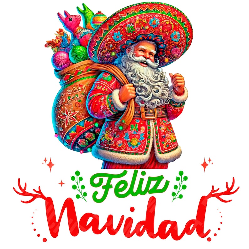 May include: A vibrant illustration of Santa Claus in a sombrero and a red embroidered suit, carrying a sack of gifts. The image features the text "Feliz Navidad" in green and red, with festive decorative elements.