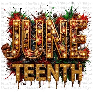 May include: A graphic design featuring the words "Juneteenth" in gold letters with a glittery texture. The letters are surrounded by a colourful background of red, green, and black paint splatters. The letters are made up of various metallic objects, such as gears, screws, and bolts.