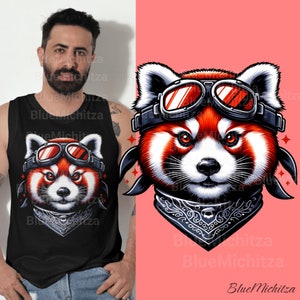 Perro con temática de aventuras PNG para sublimar, diseño de camiseta, panda rojo, estilo motociclista, estilo rockero, animal genial, motociclista, estilo urbano, hipster