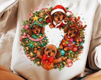 Dachshund Christmas Wreath PNG, Watercolor Doxie Sublimation Design, Weenie Dog Santa Gingerbread Reindeer, Dog Mom Shirt Ornament Digital